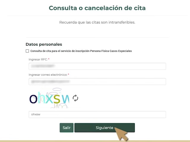 guia como verificar una cita en el SAT - paso 3 ingresa tus datos y verifica el captcha